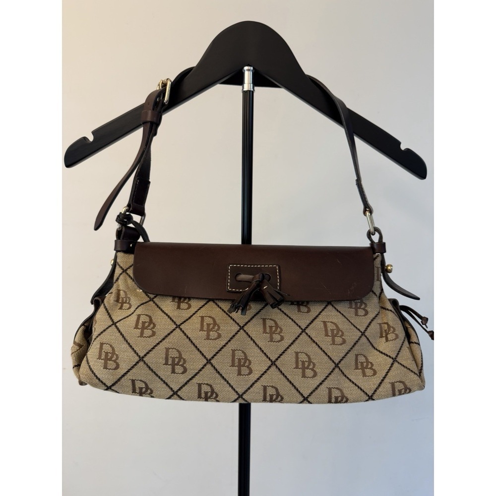 Vintage Y2K Dooney & Bourke Brown Leather DB Canvas Tassel Shoulder Handbag